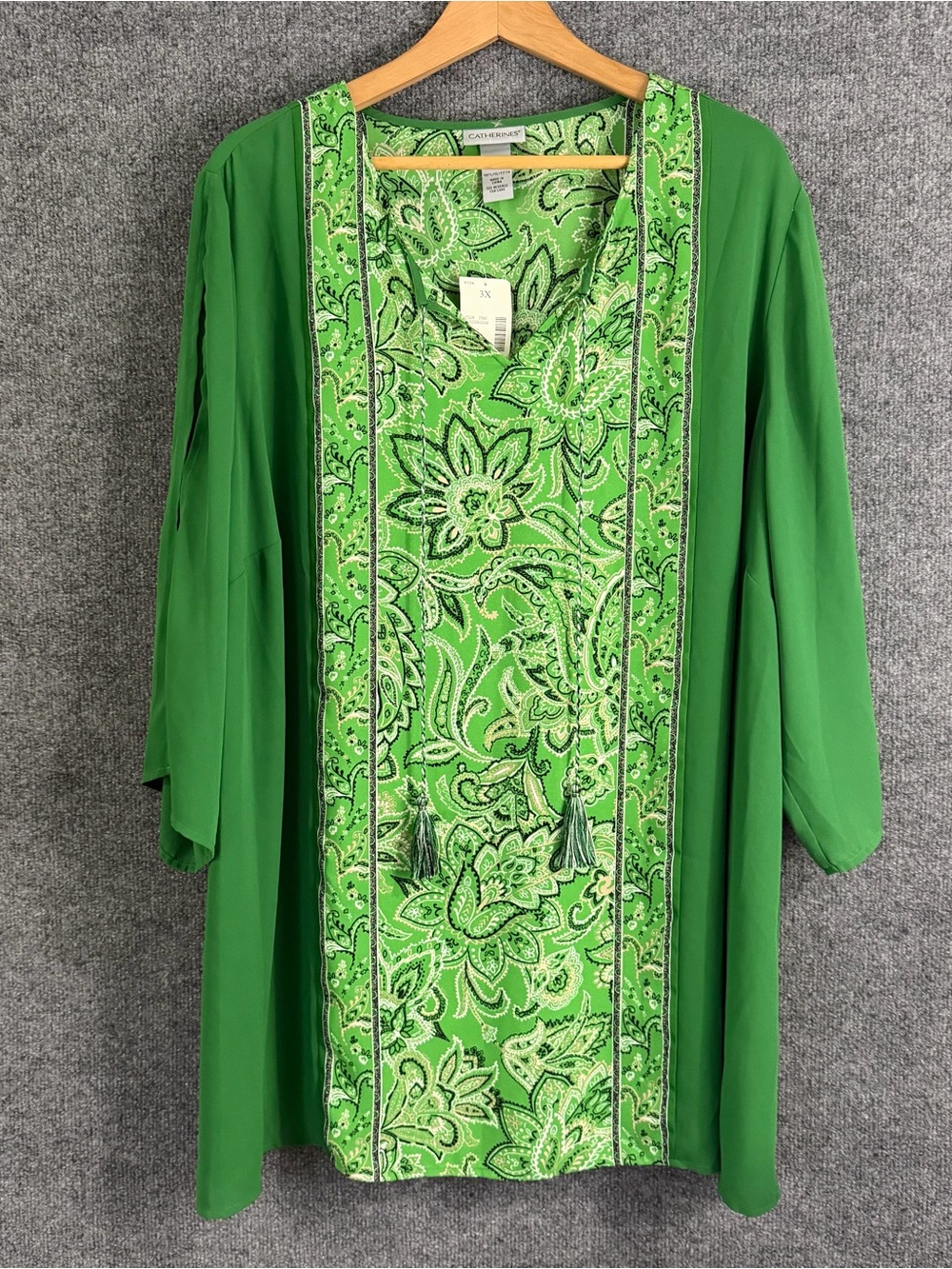 Catherine’s Womens 3X Top Green Floral Bandanna 3/4 Slit Sleeve Tassels Casual